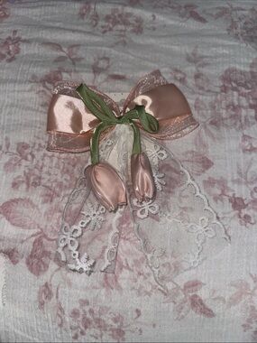 Blush Pink Satin Tulip Bow Hair Clip with Lace and Green Stem Detail